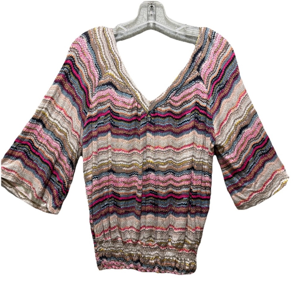 American Rag Pink and Cream Striped Peasant Blouse 3/4Bell Sleeves Smocked Waist - Picture 2 of 7